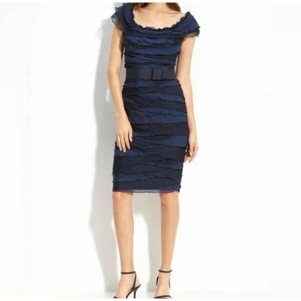 Tadashi Shoji Tiered Ruffle Sheath Dress Navy Size 8 Cocktail Cap Sleeves